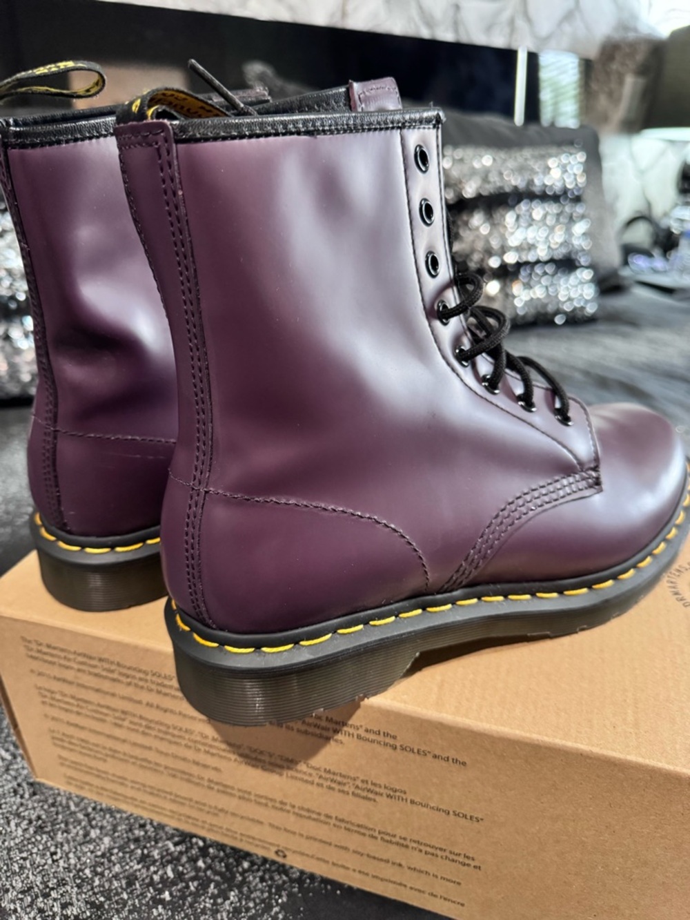 Dr. Martens Purple Leather 8-Eye Combat Boots with Yellow Stitching - Picture 3 of 5